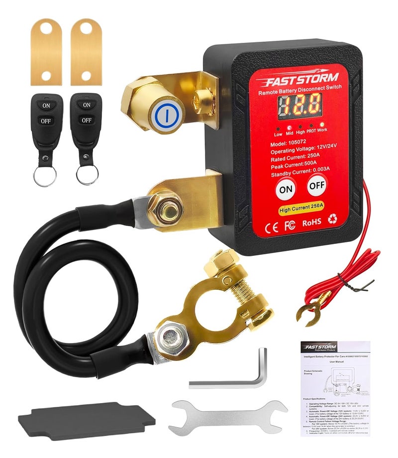 FASTSTORM 250A 12-24V Remote Battery Disconnect Switch with Extra Negative Battery Cable Led Voltage Display Car Anti Theft Kill Switch Automatic Battery Shut Off Switch - Image 1